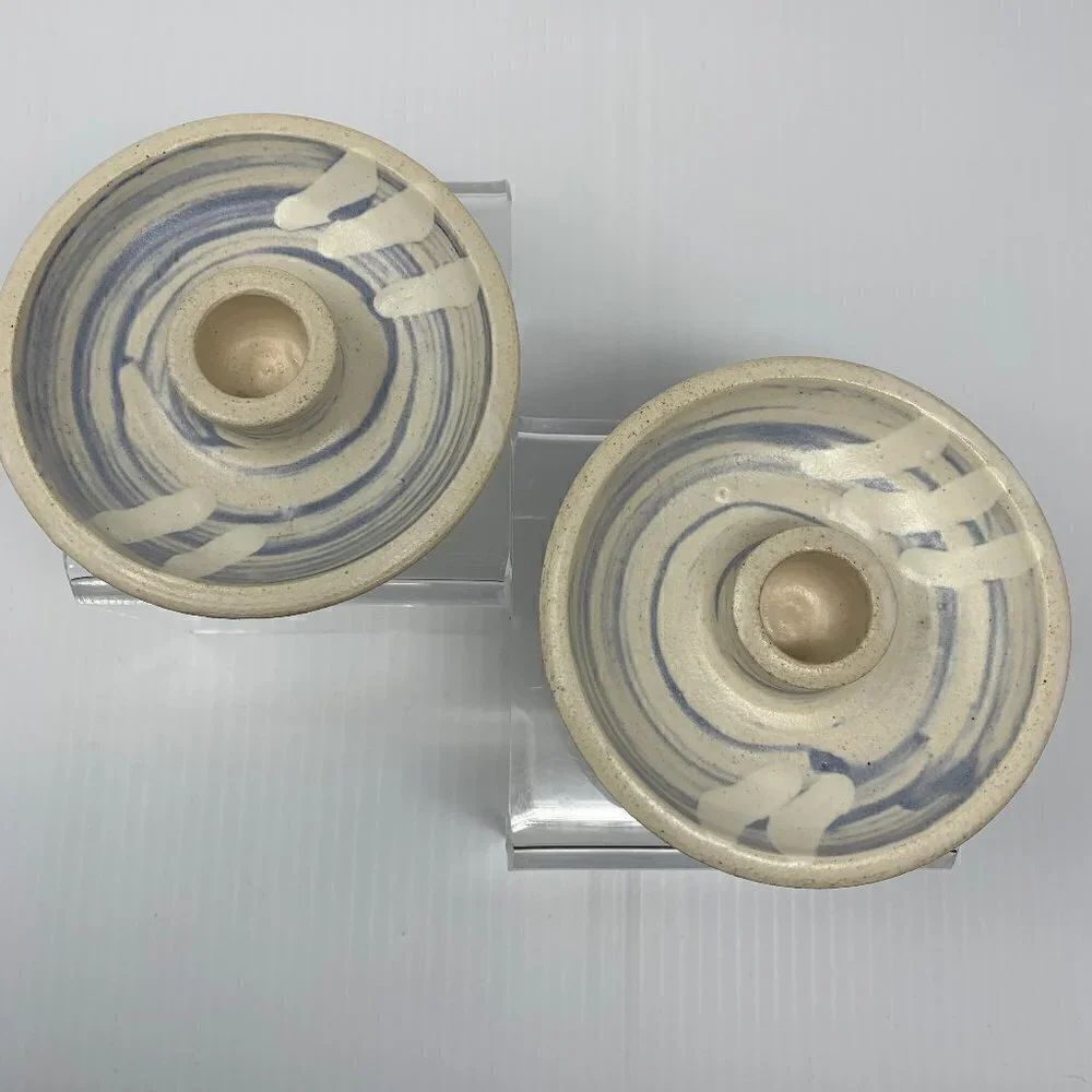 Taper Candle Holders Studio Pottery Set of 2 Handmade Blue Swirl Vintage